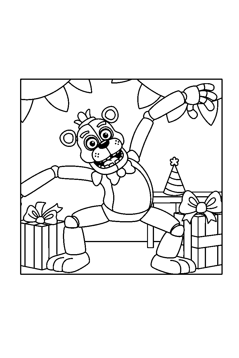 fnaf golden freddy stretching in decorated room line art
