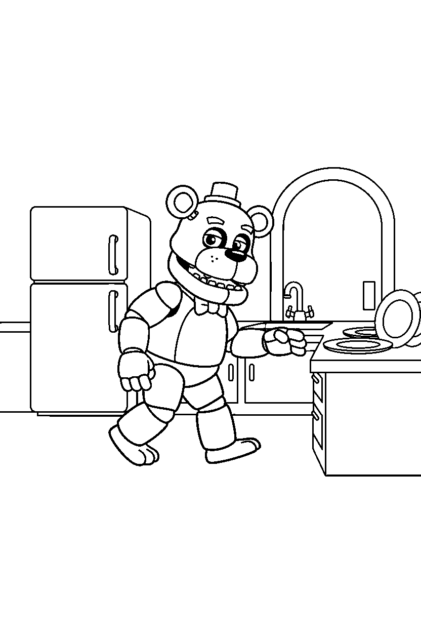 fnaf golden freddy walking in kitchen line art