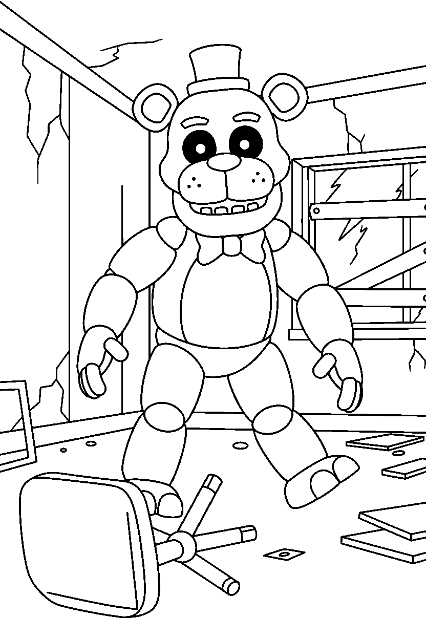 fnaf golden freddy walking slowly in abandoned room line art