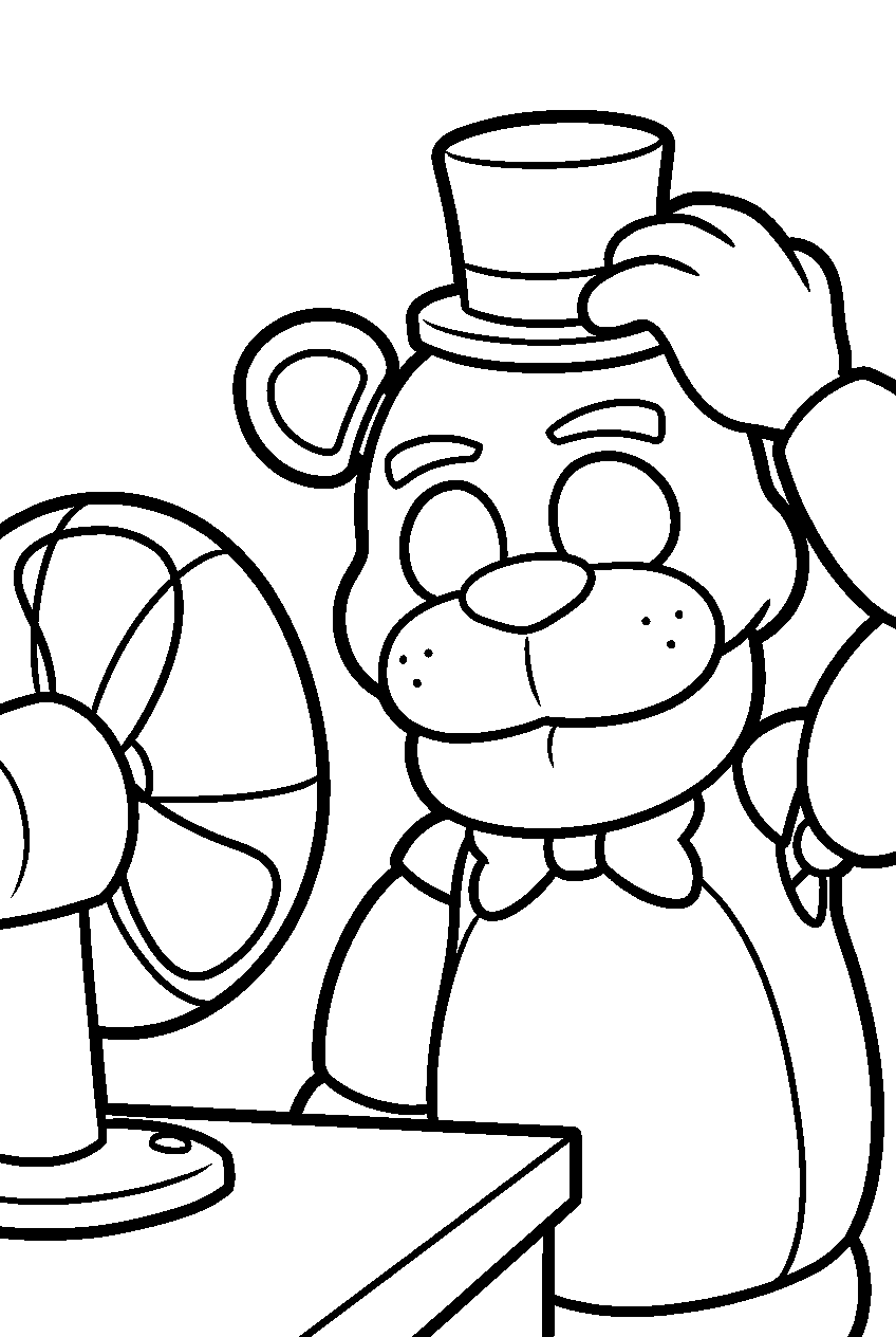 golden freddy adjusting his top hat in a close up portrait beside the security office fan line art