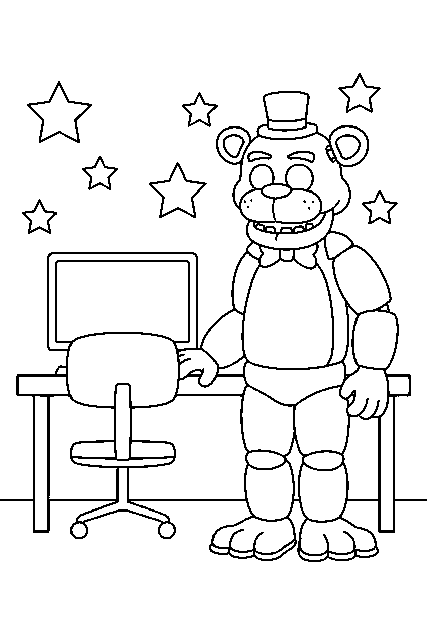 golden freddy appearing beside the desk in the bright security office among star outlines line art