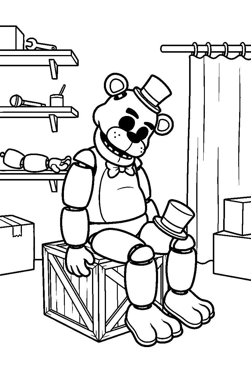 golden freddy balancing his top hat on one knee while seated in the backstage room line art