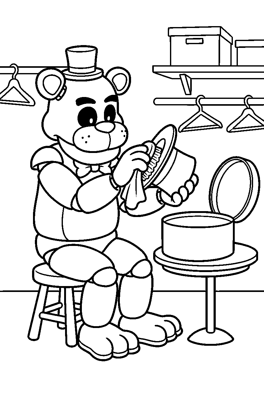 golden freddy brushing his top hat with a cloth beside a hatbox in the costume room line art