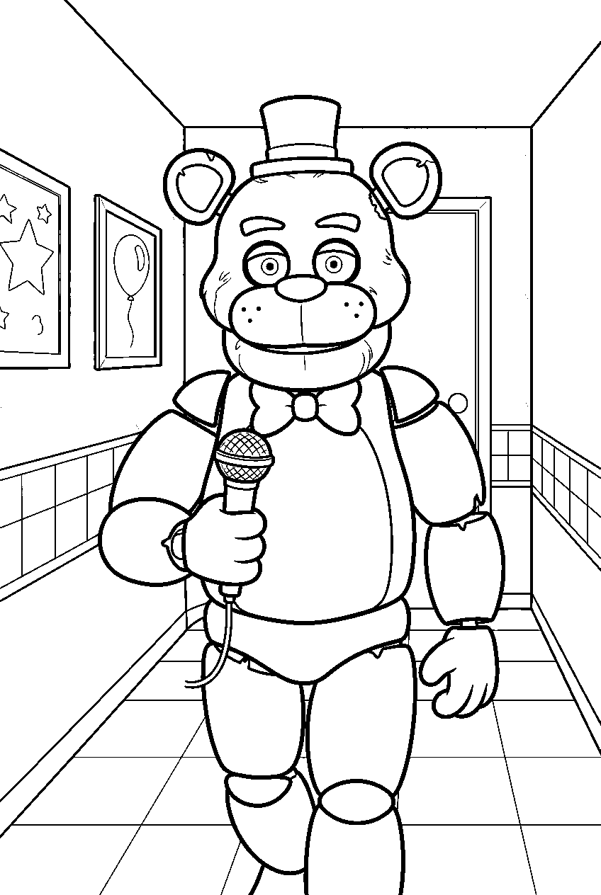 golden freddy carrying a microphone through the bright pizzeria hallway line art