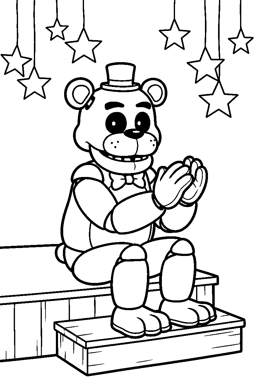 golden freddy clapping while seated on a stage step beneath paper stars line art