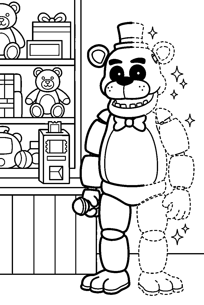 golden freddy fading into sparkle outlines beside the pizzeria prize counter line art