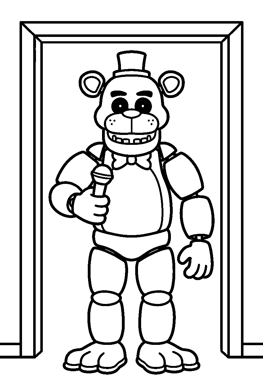golden freddy holding a microphone at his side while appearing near the office doorway line art