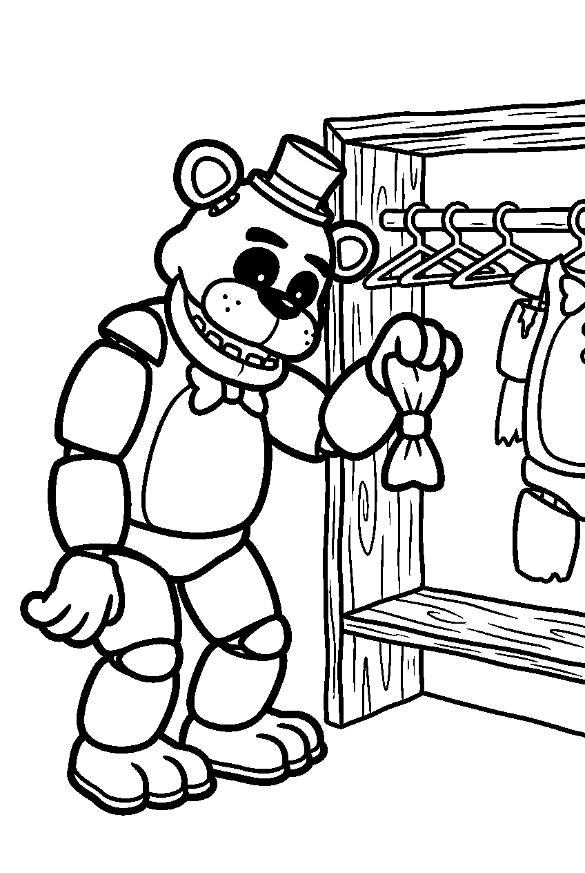 golden freddy holding a spare bow tie beside the costume shelf line art