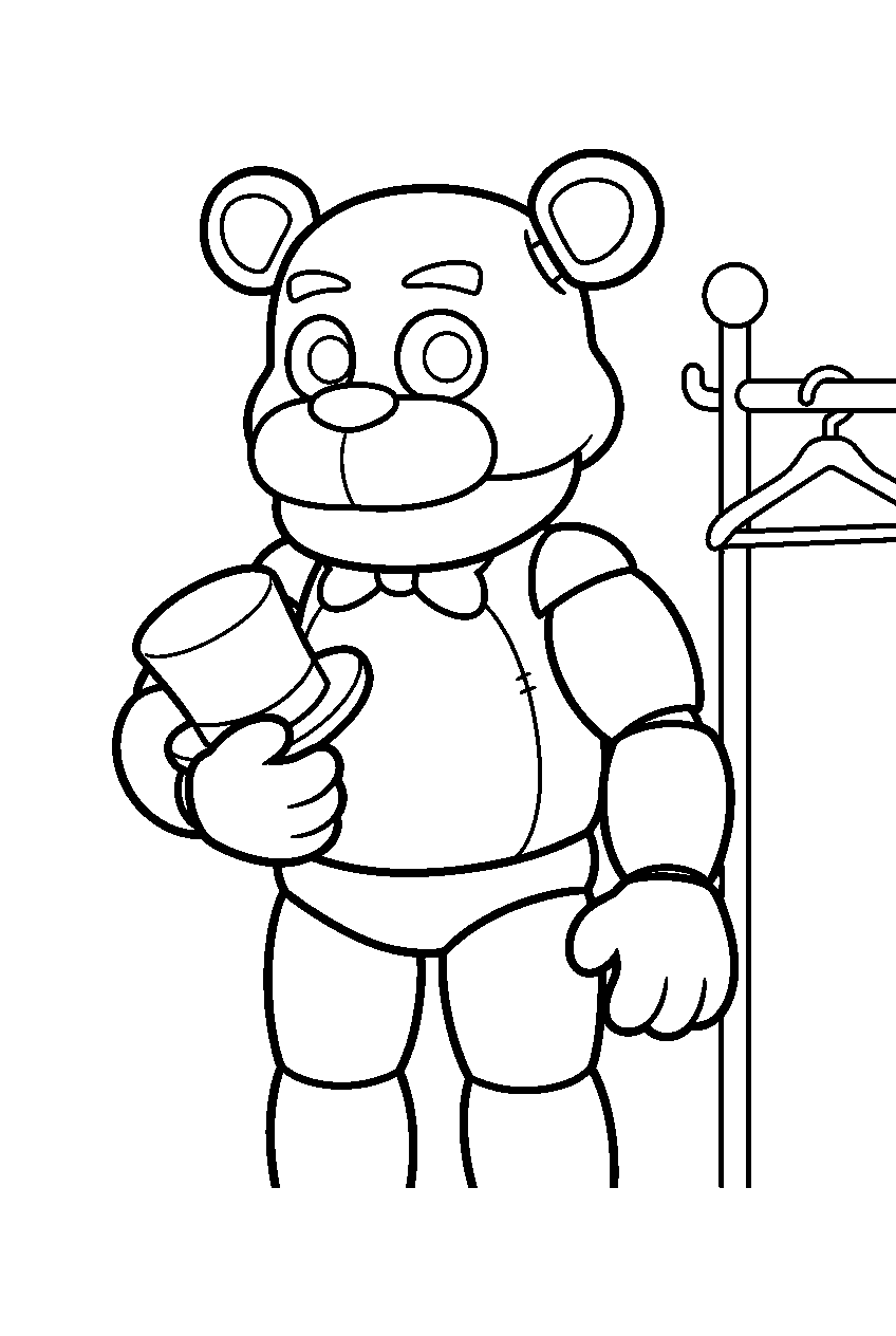 golden freddy holding his top hat under one arm beside the costume rack line art