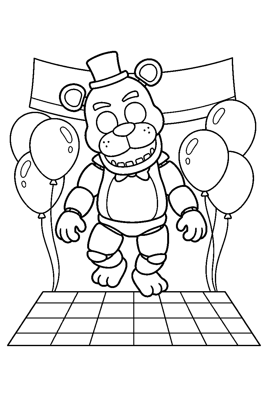 golden freddy hovering slightly above the checkerboard floor inside the party room line art