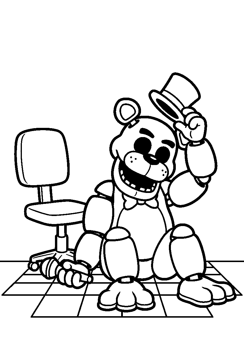 golden freddy lifting his top hat from the checkerboard floor beside the office chair line art