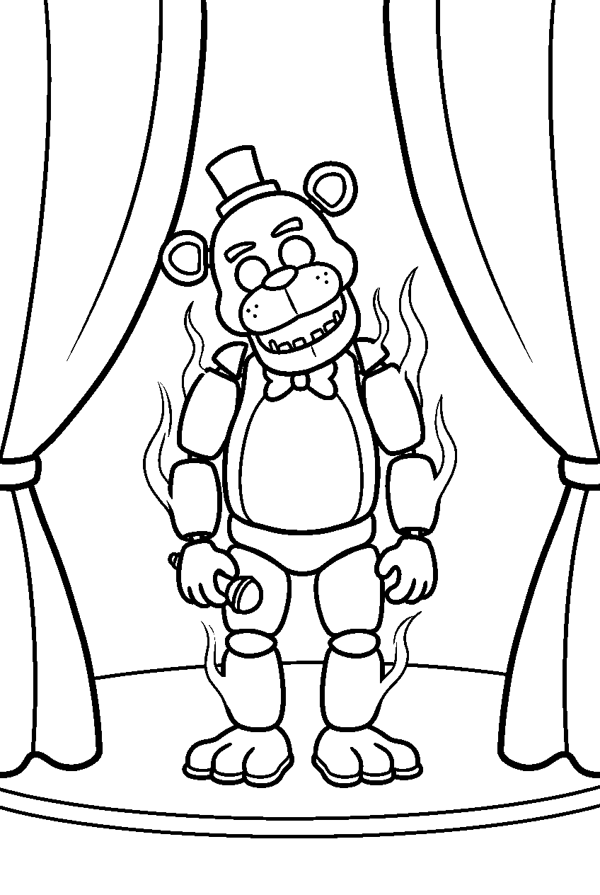 golden freddy materializing between closed curtains on the empty main stage line art