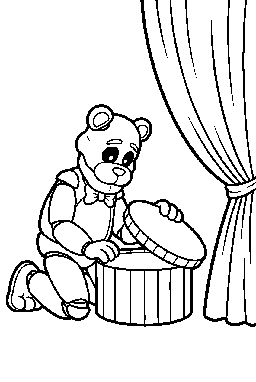 golden freddy opening a round hatbox near the closed stage curtain line art