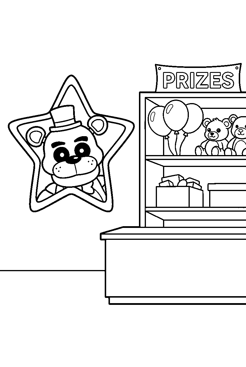 golden freddy peeking through a star shaped frame beside the pizzeria prize counter line art