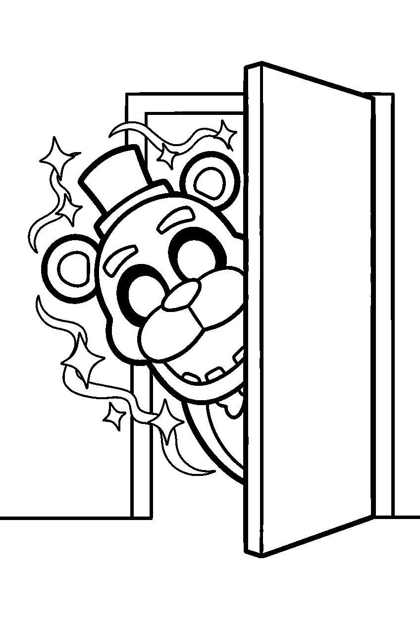 golden freddy peeking through the open office doorway with sparkles trailing behind him line art