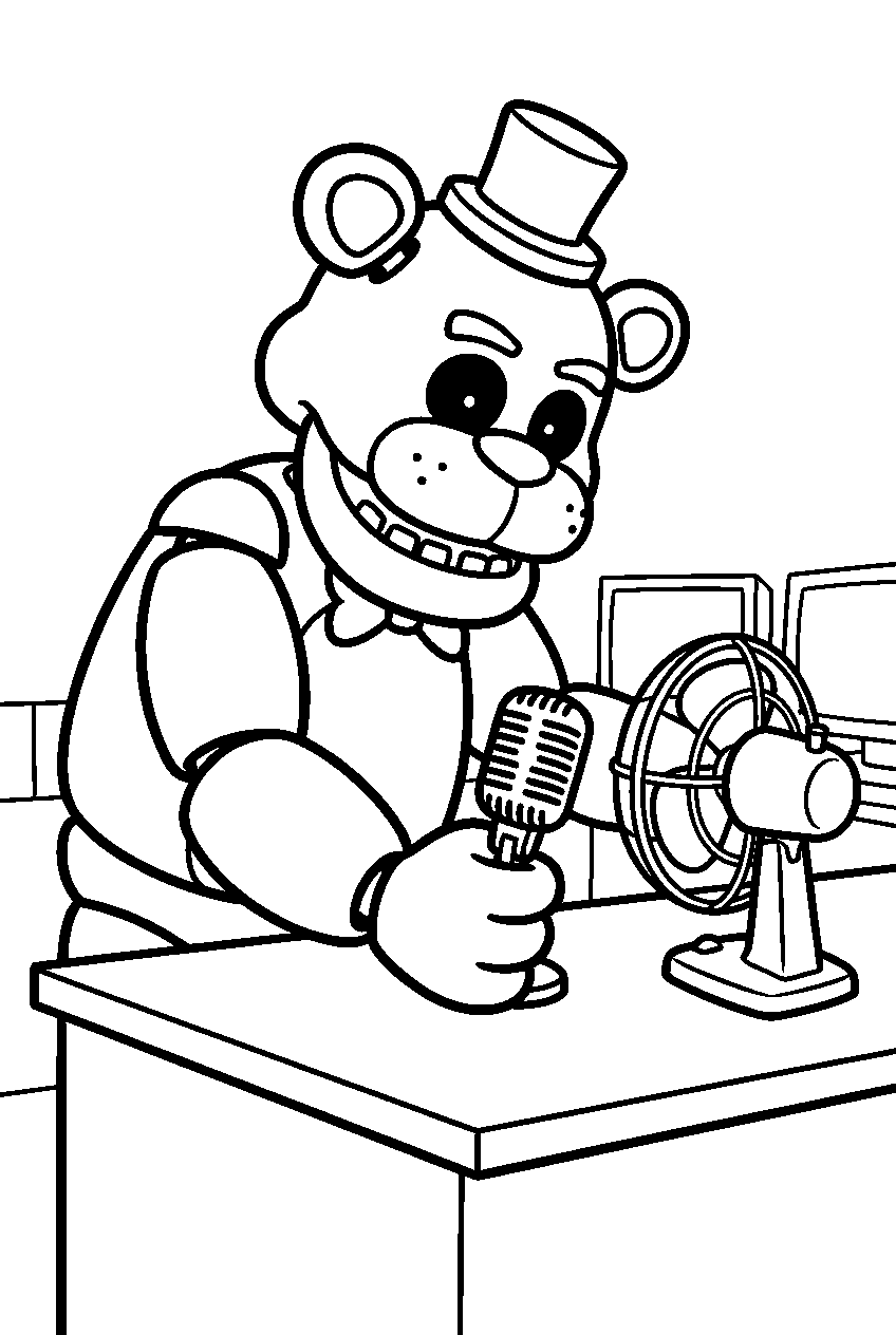 golden freddy placing a microphone on the security desk beside the desk fan line art