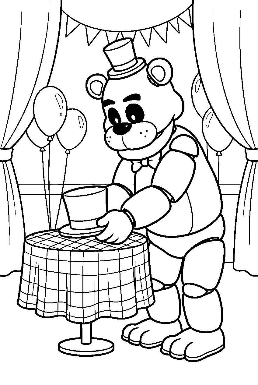 golden freddy placing his top hat on a small round table inside the quiet party room line art