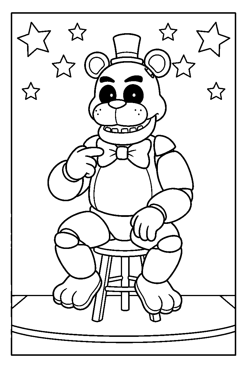 golden freddy pointing to his bow tie while seated beneath stars on the side stage line art