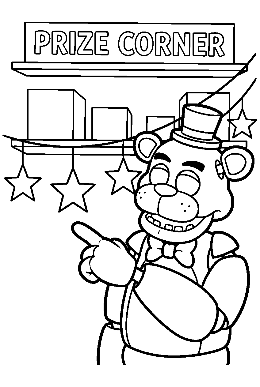 golden freddy pointing toward a row of star decorations from the prize corner line art
