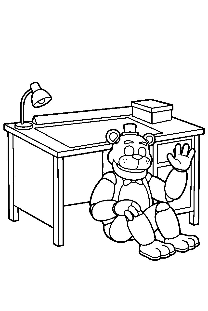 golden freddy raising one hand in a friendly seated pose beside the office desk line art