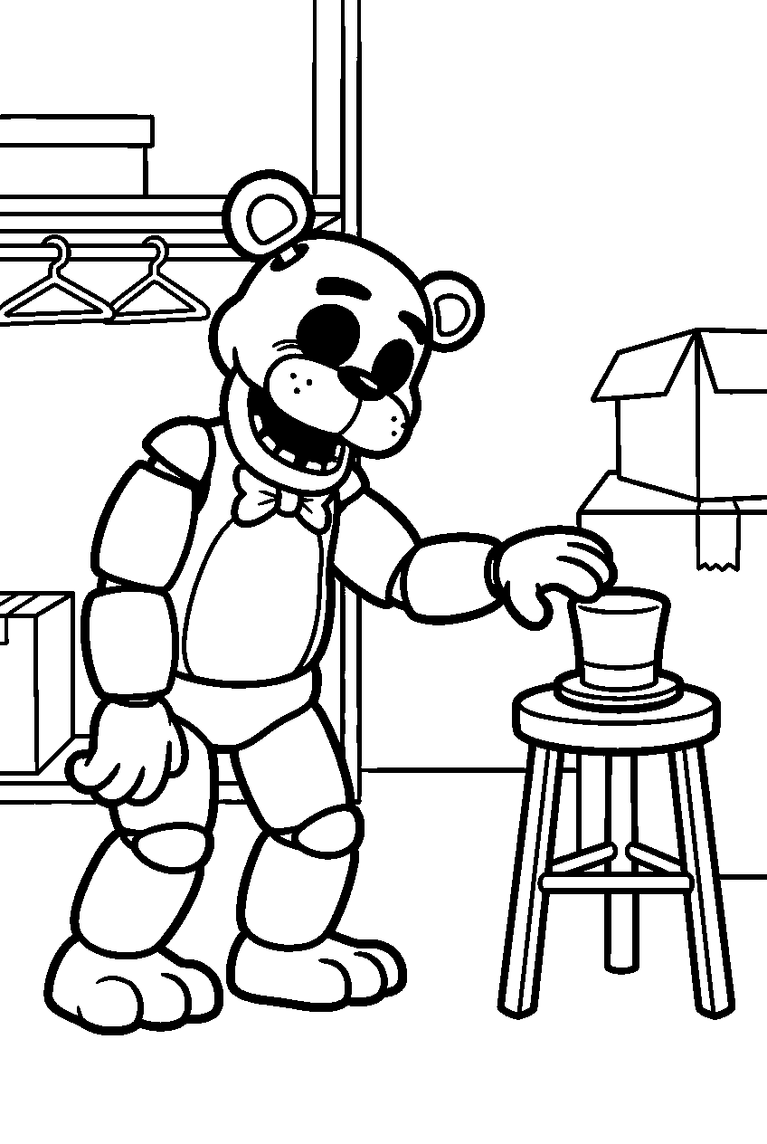 golden freddy reaching for his top hat on a low stool in the costume room line art
