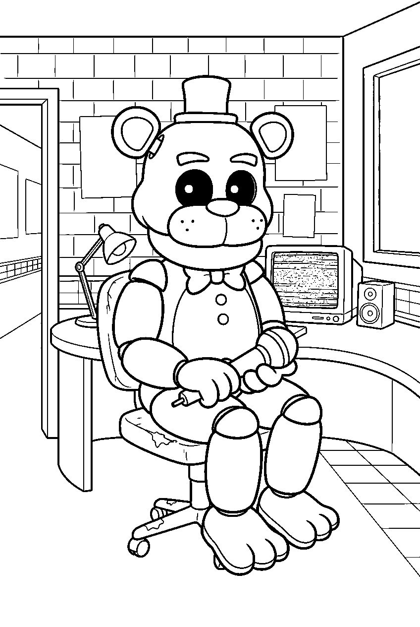 golden freddy resting a microphone across his knees while seated in the security office line art