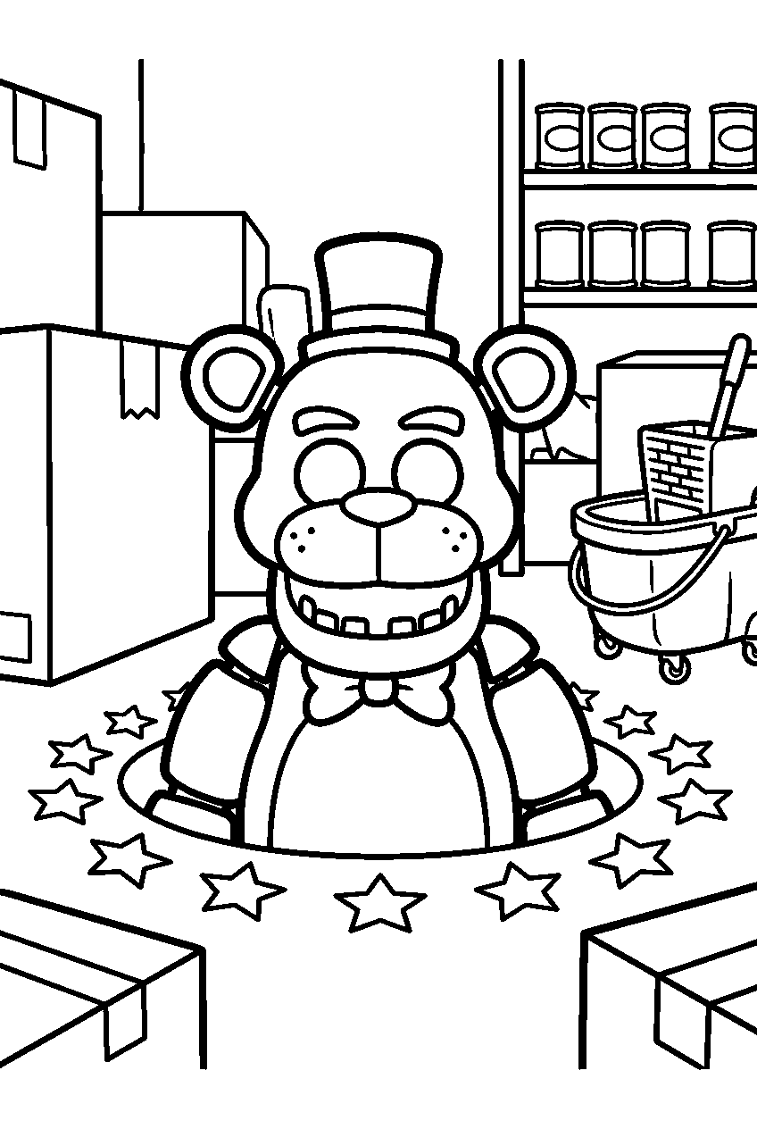 golden freddy rising from a circle of star outlines inside the pizzeria storage room line art