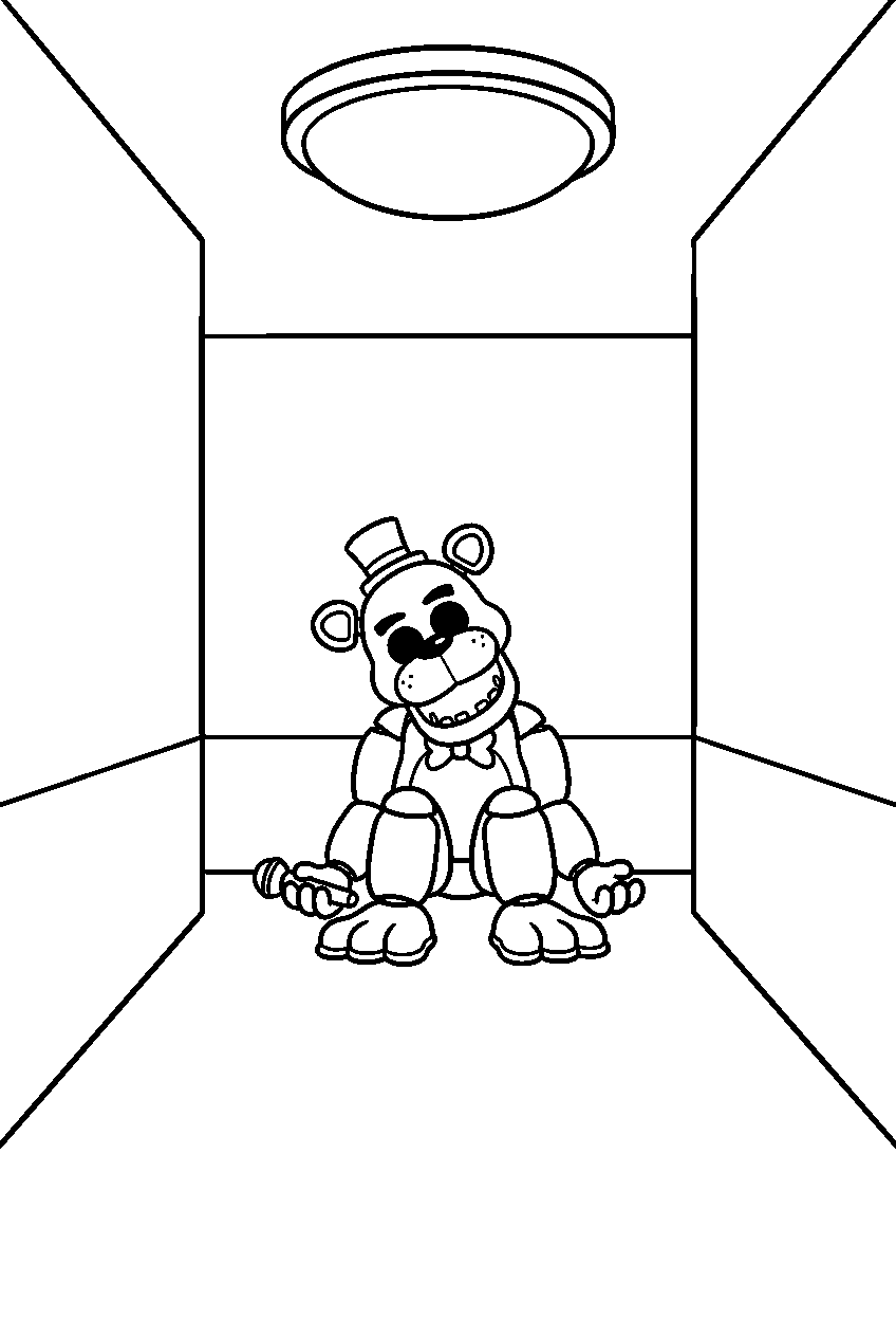 golden freddy seated at the end of the pizzeria hallway beneath a round ceiling light line art