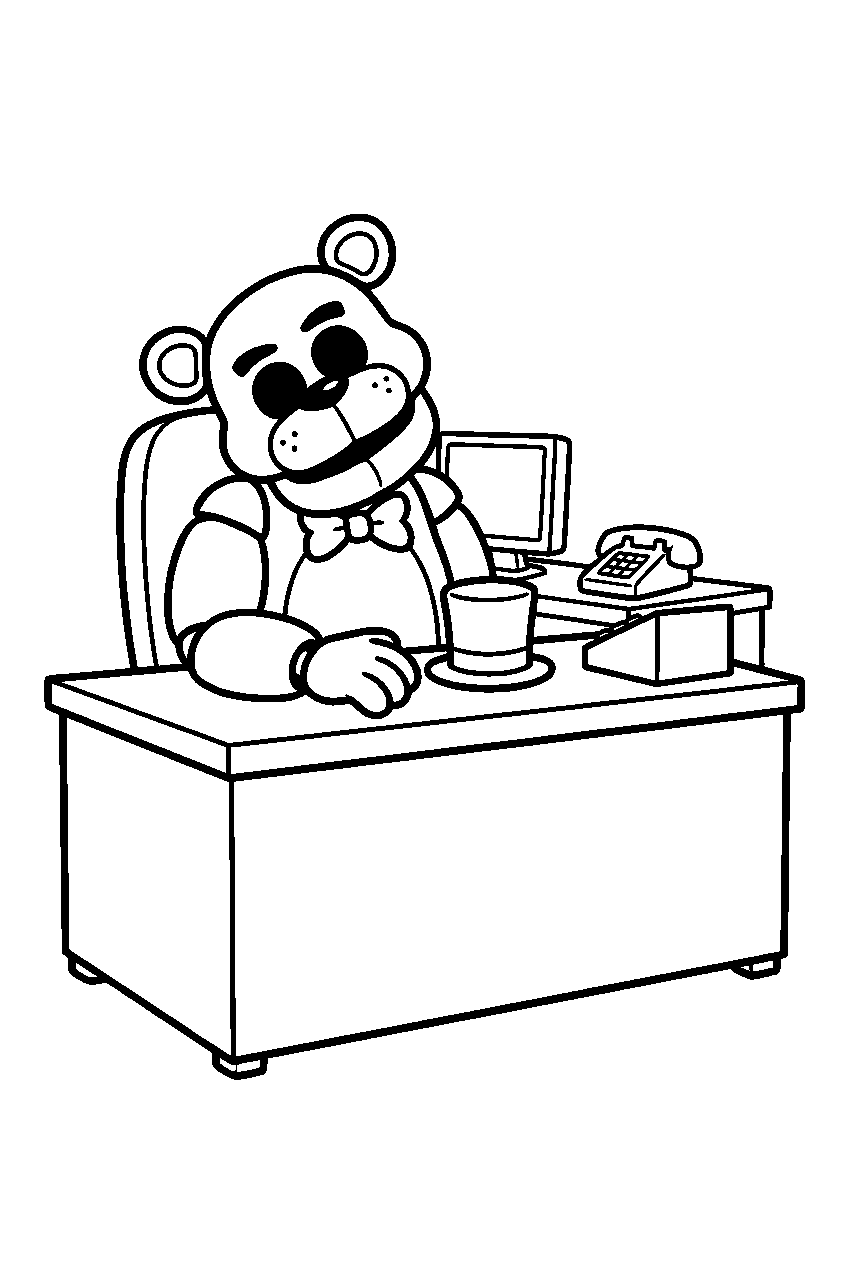 golden freddy seated behind the office desk with his top hat beside one hand line art