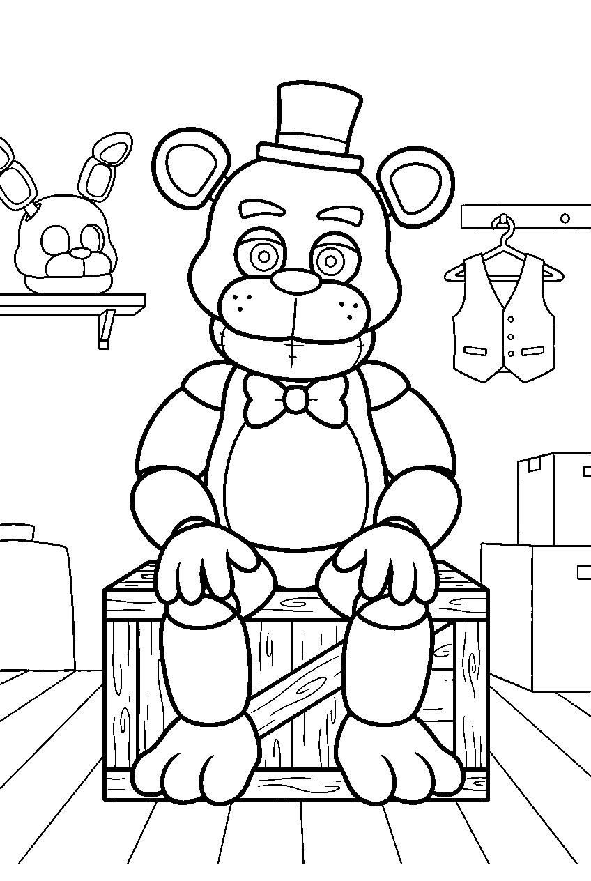 golden freddy seated on a wooden crate with both hands on his knees in the backstage costume room line art