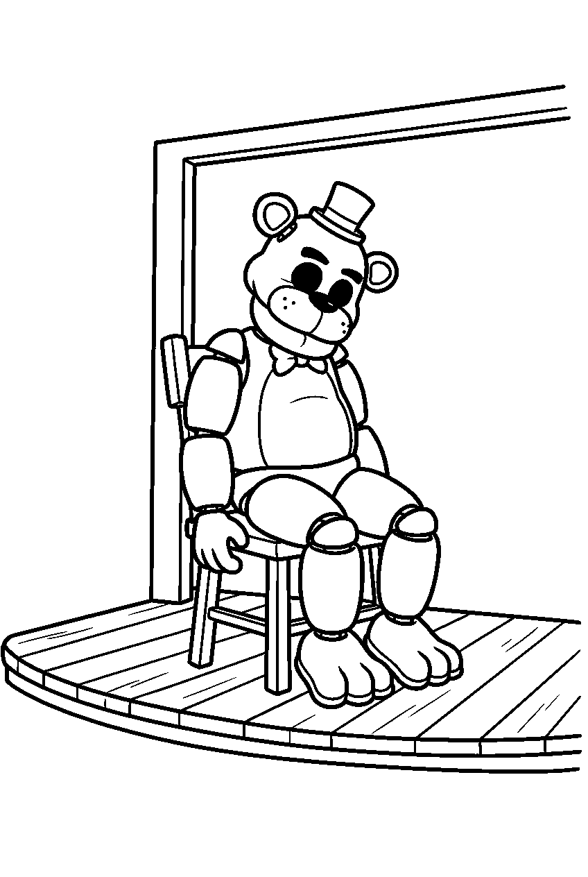 golden freddy seated upright on a simple chair at the edge of the empty pizzeria stage line art