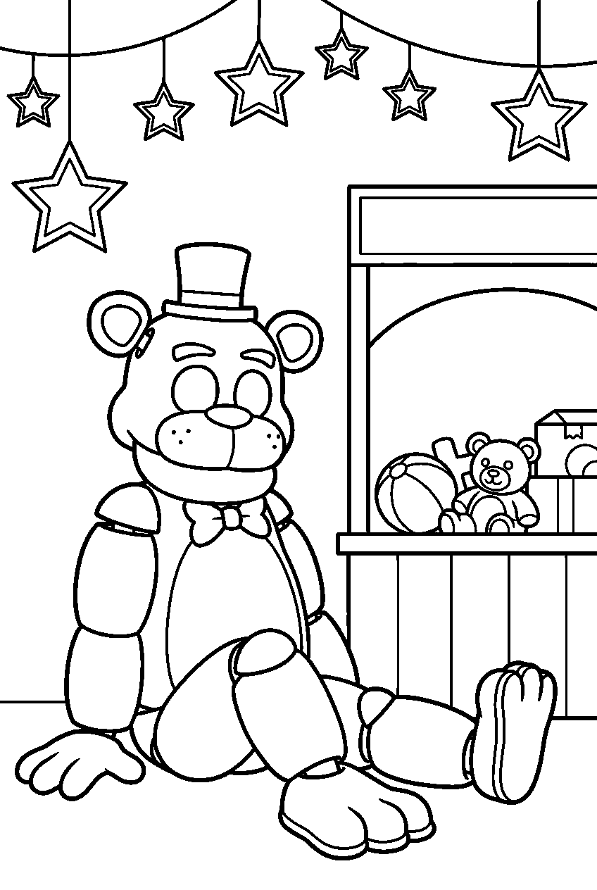 golden freddy sitting beneath star decorations beside the pizzeria prize counter line art