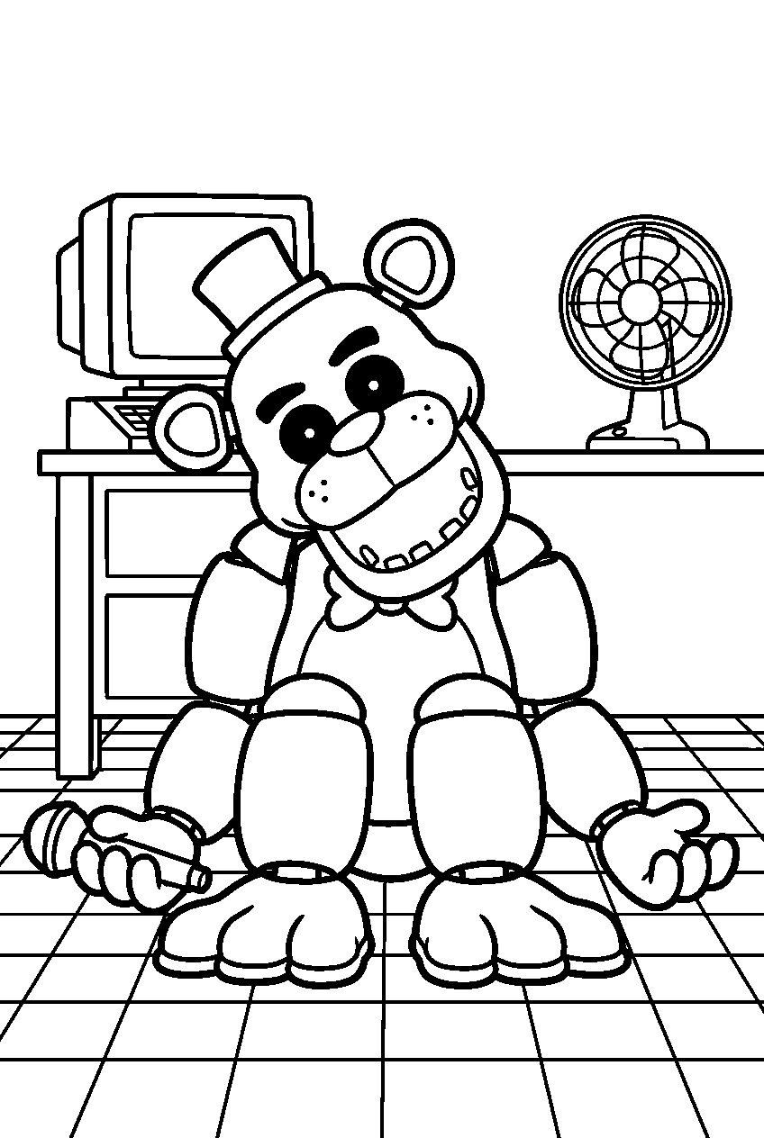 golden freddy sitting in his iconic pose on the checkerboard floor inside the security office line art