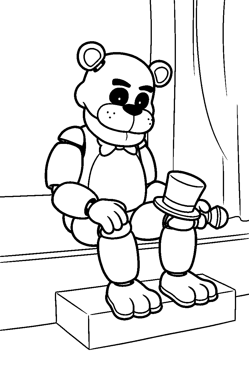 golden freddy sitting on a low stage step with his top hat resting on one knee line art