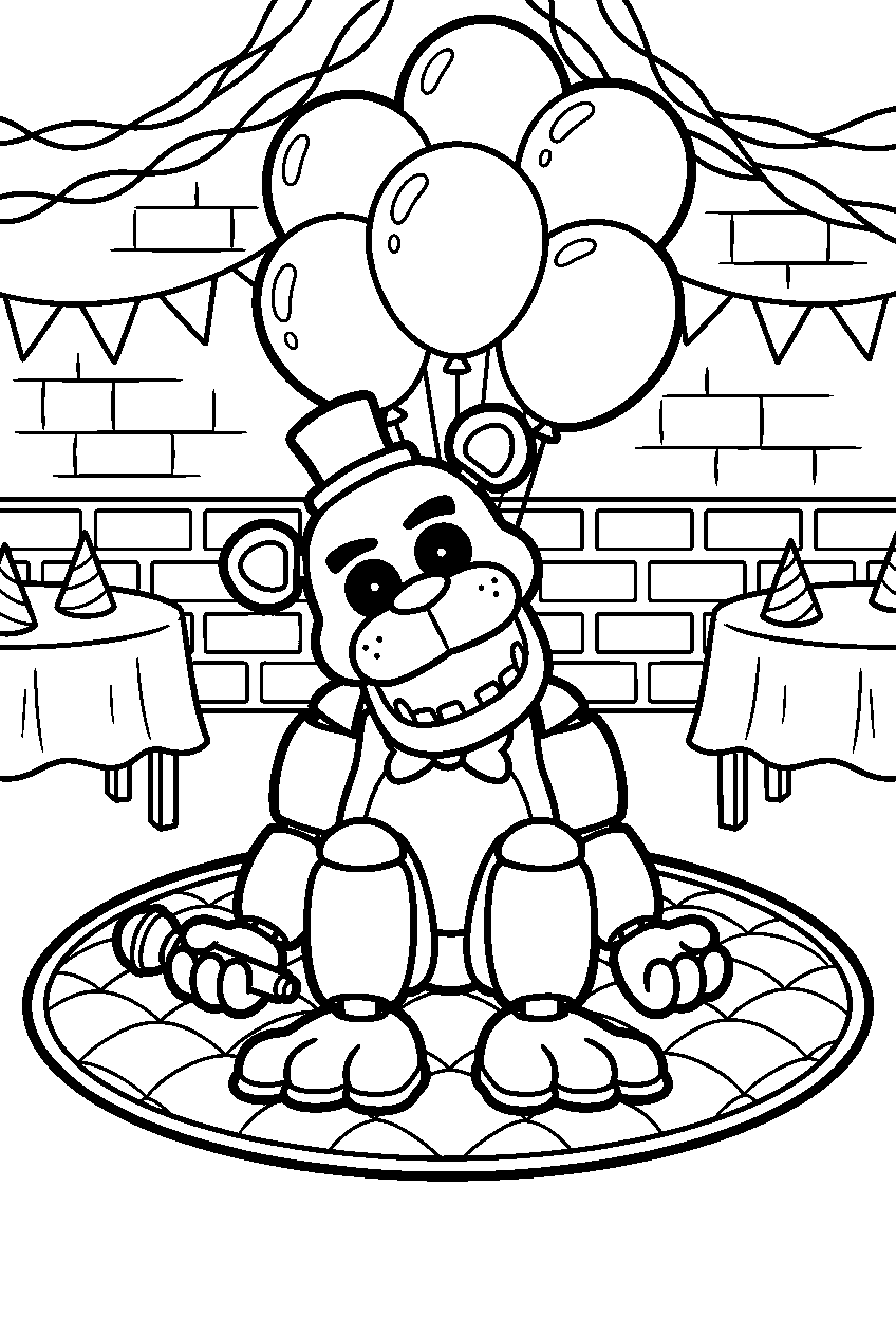 golden freddy sitting on a padded mat beneath balloons in the pizzeria party room line art