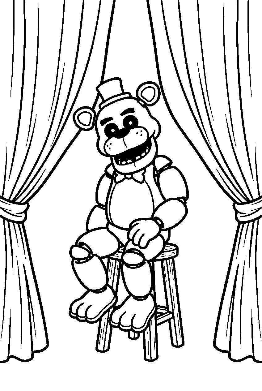 golden freddy sitting on a rehearsal stool between the closed stage curtains line art