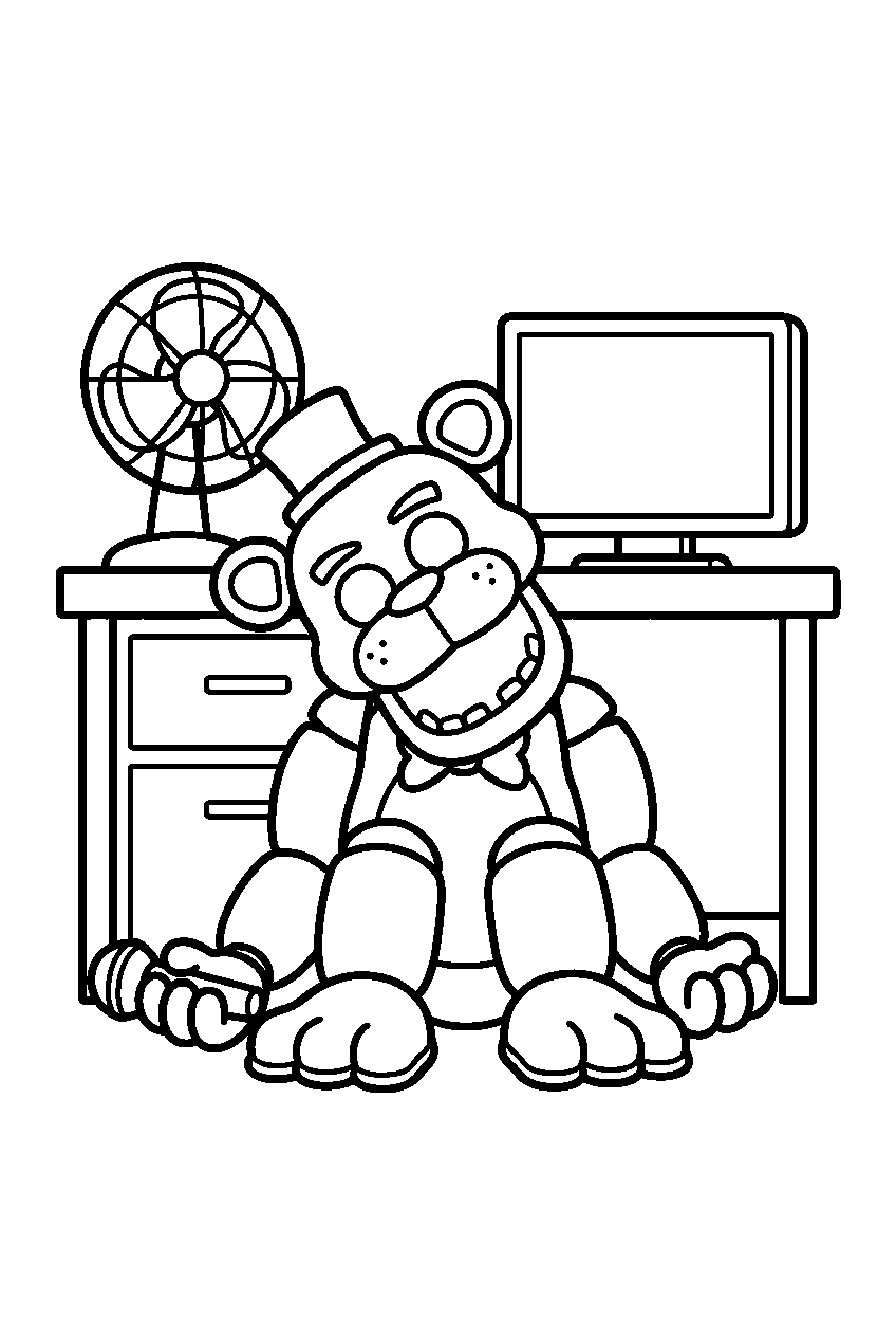 golden freddy sitting with his head tilted beside the security desk and desk fan line art