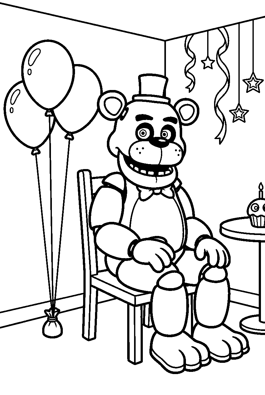 golden freddy smiling from a chair beside balloons in the decorated party room line art
