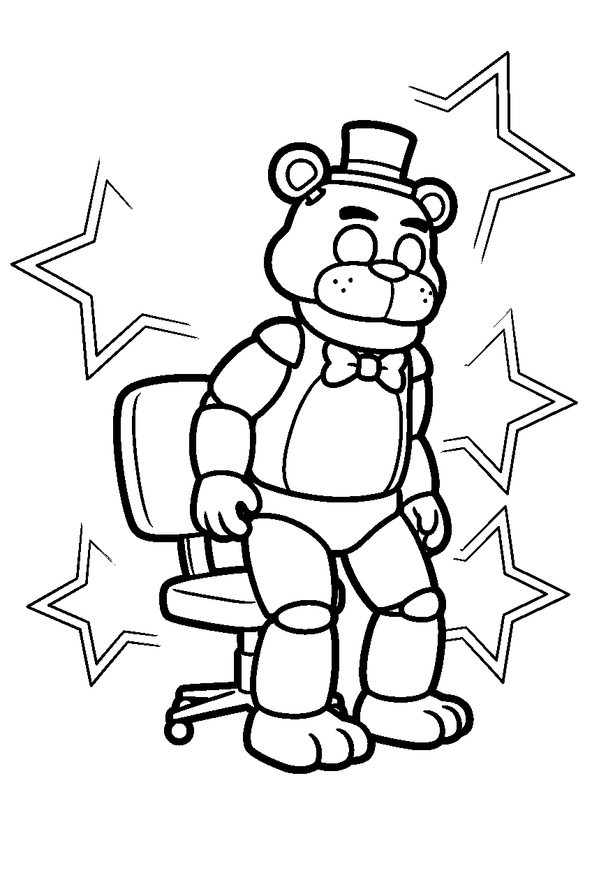 golden freddy standing up from the office chair as surrounding star outlines fade line art