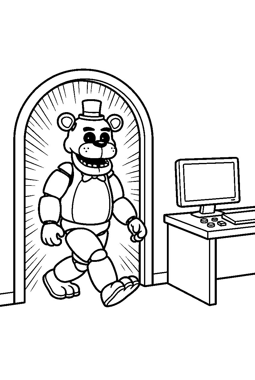 golden freddy stepping through a glowing doorway beside the security desk line art