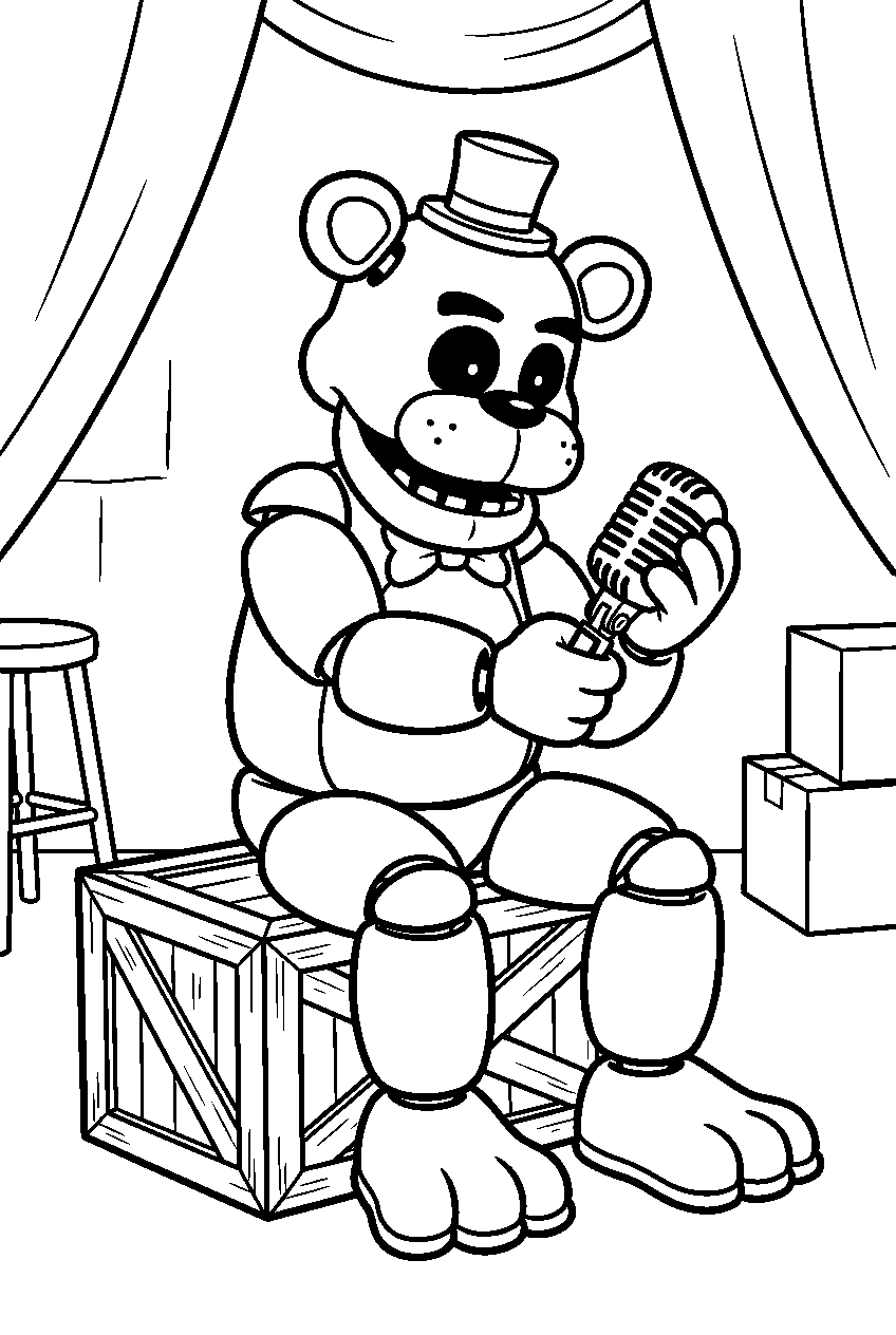 golden freddy turning a microphone in both hands while sitting on a backstage crate line art