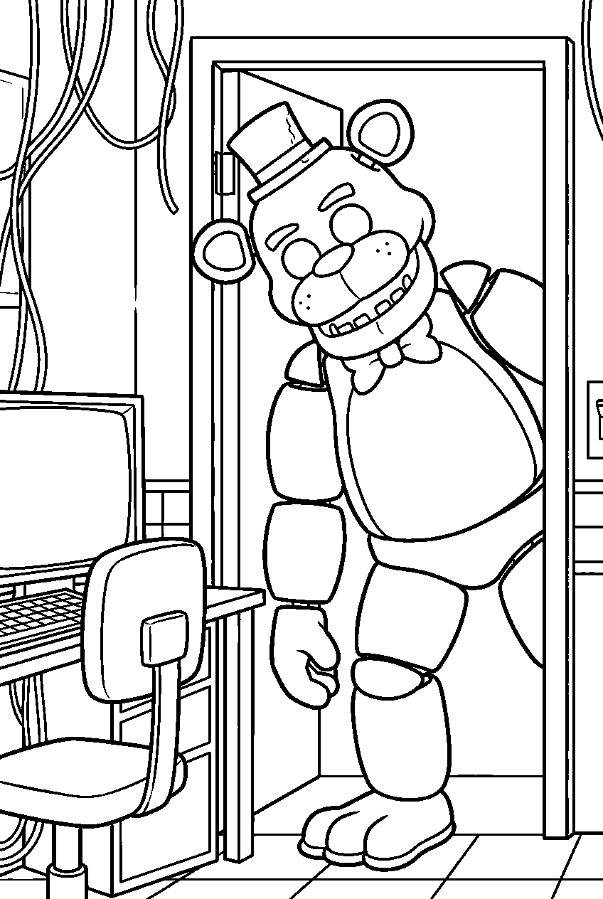 golden freddy turning toward the security desk from the open office doorway line art