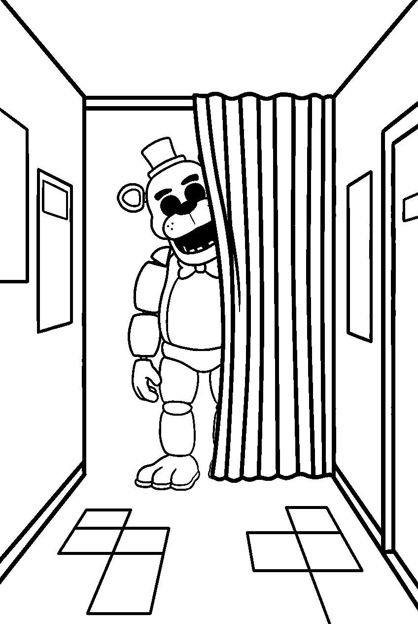 golden freddy vanishing behind a striped curtain at the end of the pizzeria hallway line art
