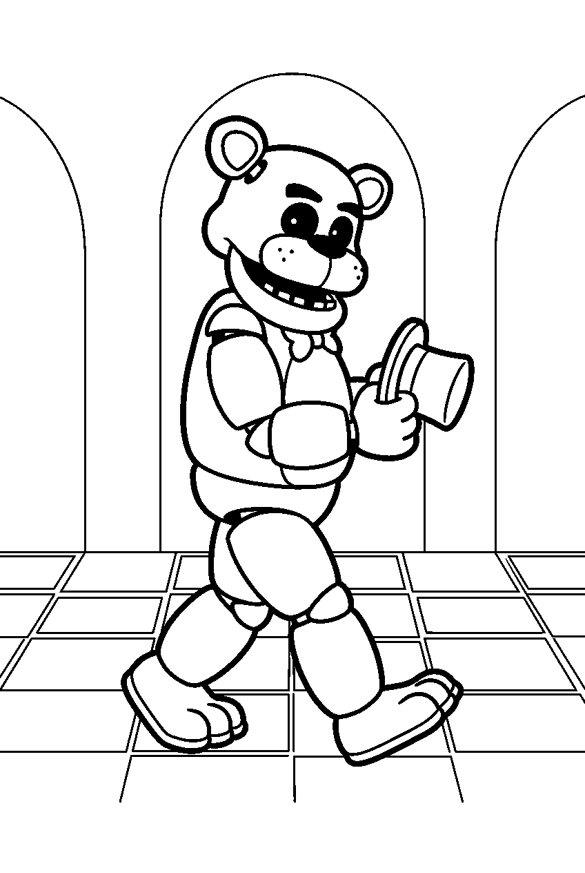 golden freddy walking across the checkerboard pizzeria hallway while holding his top hat line art