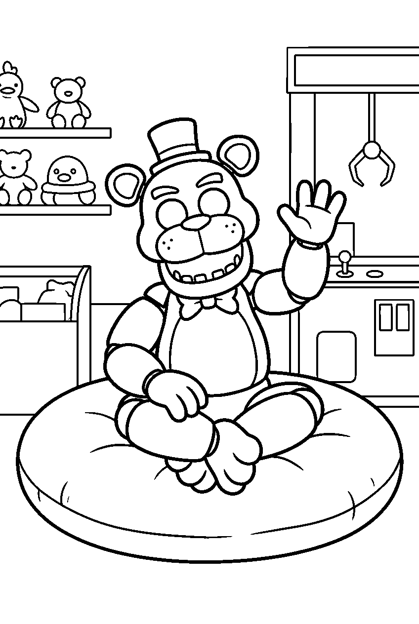 golden freddy waving while seated on a round cushion in the pizzeria prize corner line art