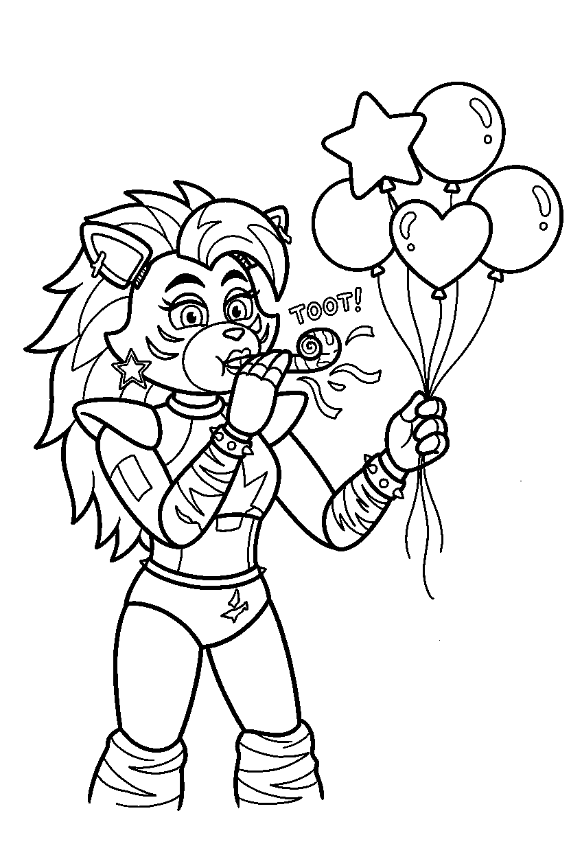 fnaf roxanne wolf blowing a party horn beside birthday balloons line art