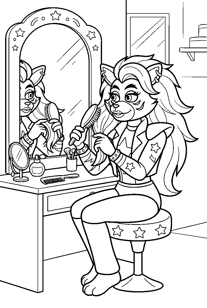 fnaf roxanne wolf brushing her hair at the beauty salon mirror line art
