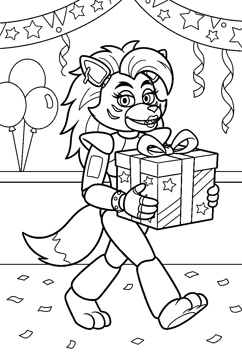 fnaf roxanne wolf carrying a gift box through a party room line art