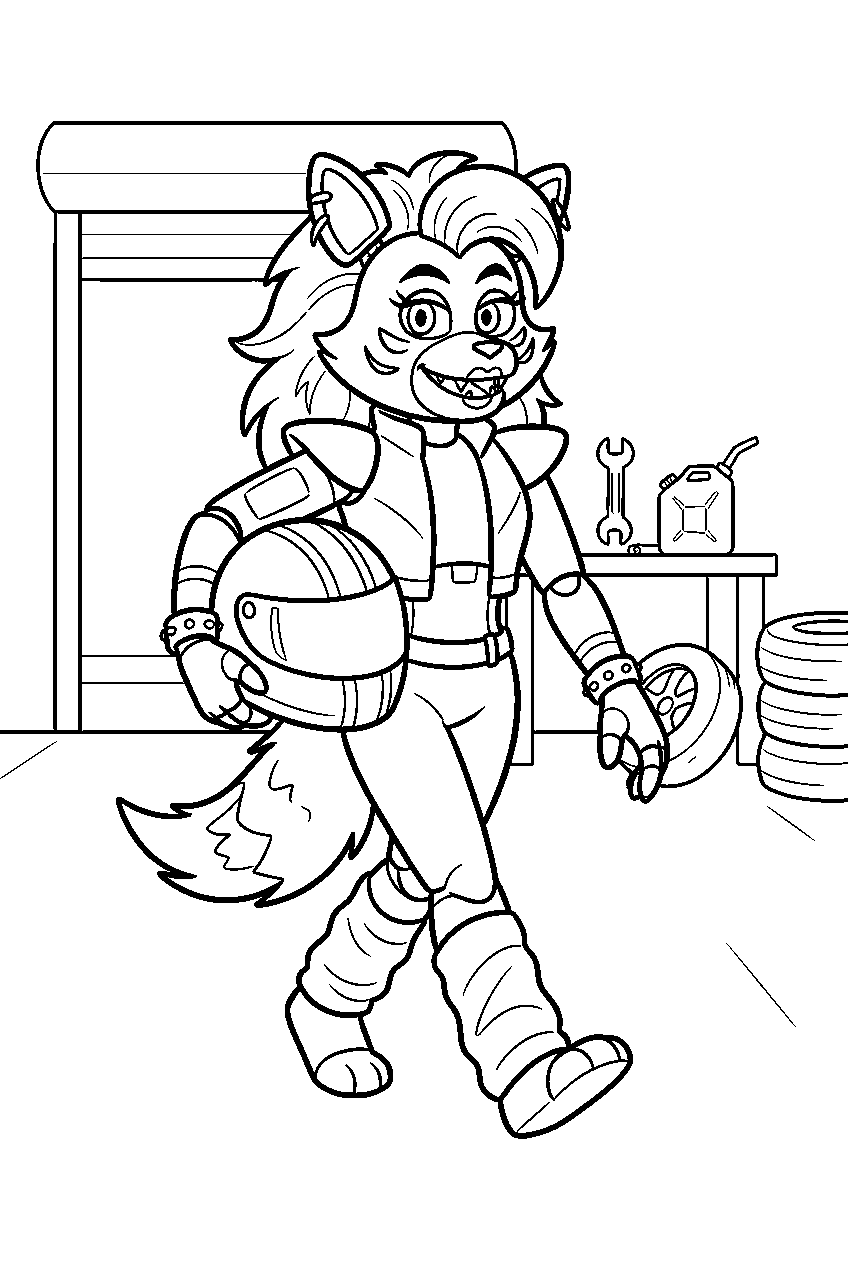 fnaf roxanne wolf carrying a racing helmet through the garage line art