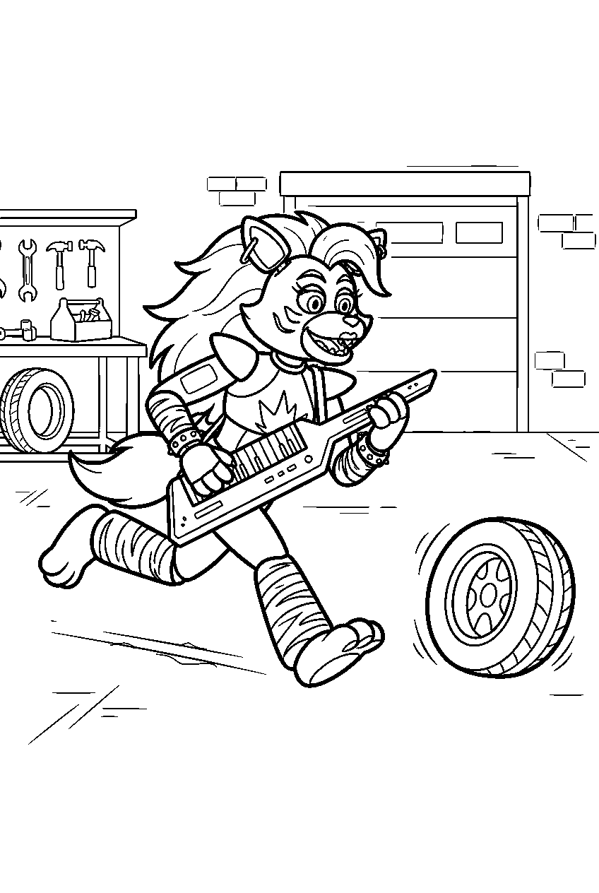 fnaf roxanne wolf chasing a rolling tire through the pit garage line art